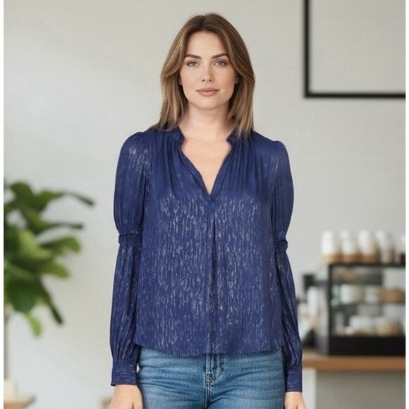 Current Air Navy and Silvery Shimmer Ruffled Sleeve Blouse Top Sz M V Neck HiLo - Picture 1 of 13